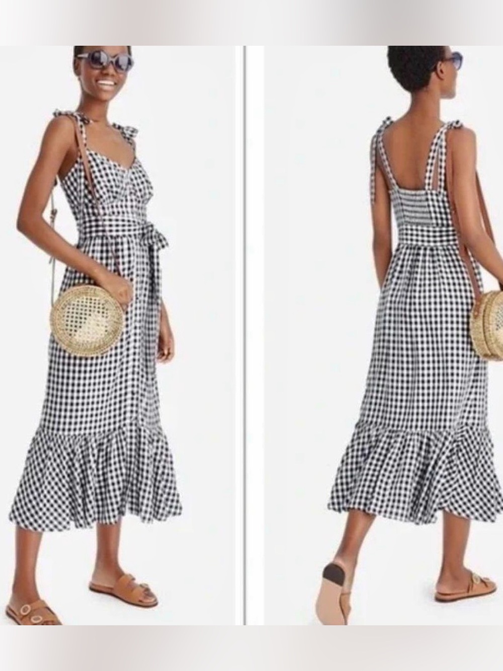 J CREW Gingham Black & White Button Front Size 8 Tie Strap Ruffle Hem Midi Dress
